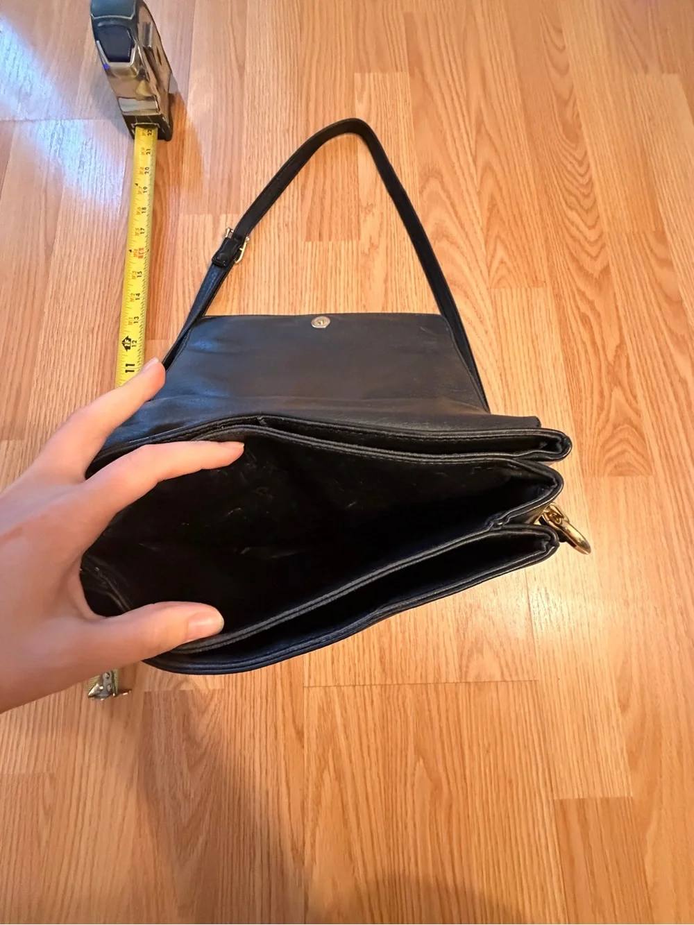 Vintage Black Leather Crossbody Bag with Gold Stud Accents